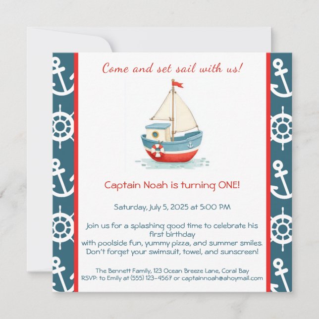 Nautique 1er anniversaire Pool Party Invitation (Devant)
