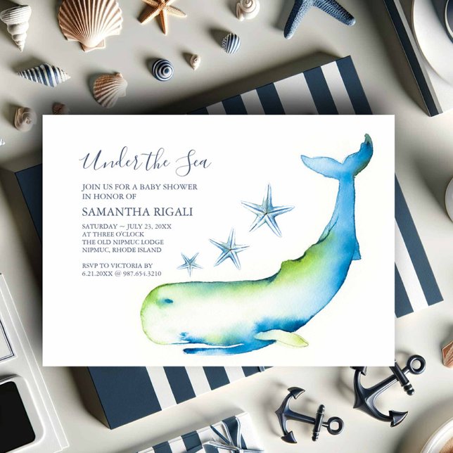 Nautique Bébé Douche Invitations Aquarelle Baleine (Nautical baby shower theme watercolor blue whale art by Victoria Grigaliunas Do Tell A Belle)