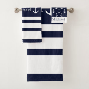 Nautique Côtes Navy Bleu Blanc Rayures Nom