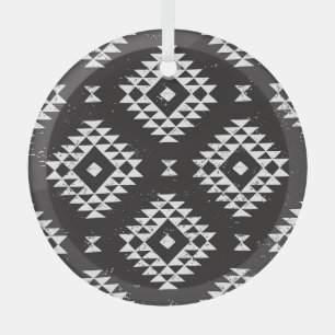 Navajo Geometric: Black White Tribal. Glass Ornament