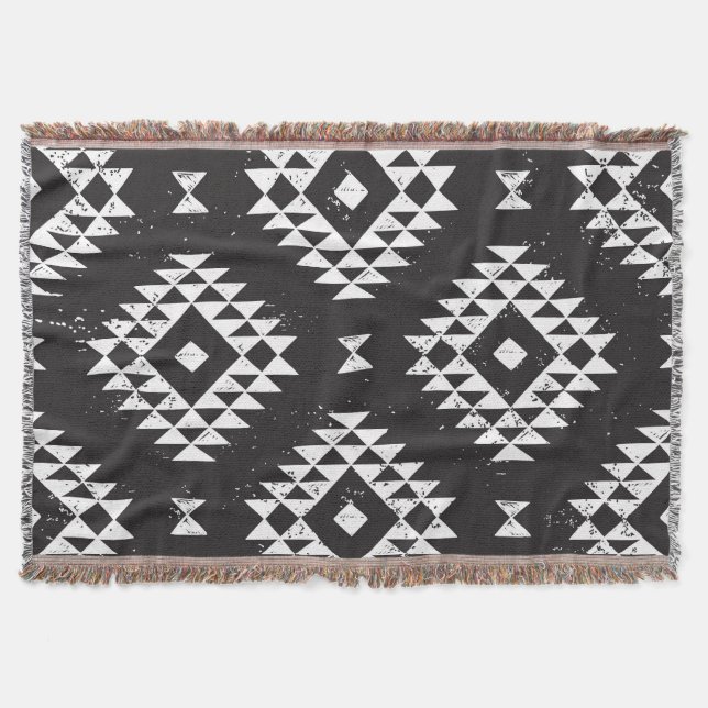 Navajo Geometric: Black White Tribal. Throw Blanket (Front)