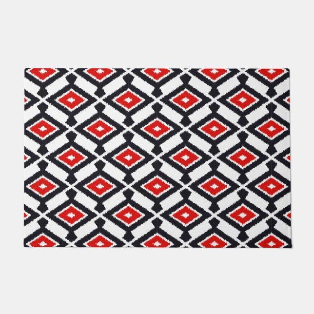 Navajo Ikat Pattern, Dark Red, Black and White Doormat (Front)