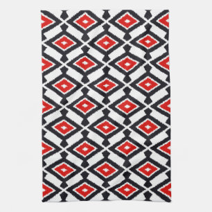 Navajo Ikat Pattern, Dark Red, Black and White Kitchen Towel