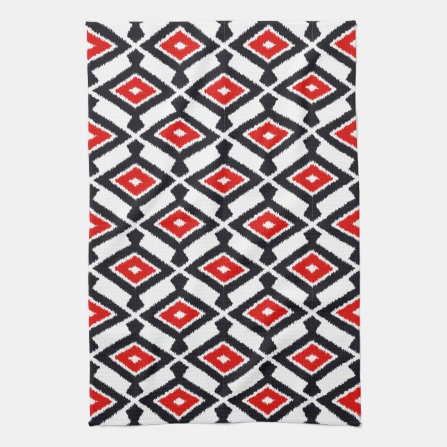 Navajo Ikat Pattern, Dark Red, Black and White Kitchen Towel (Vertical)