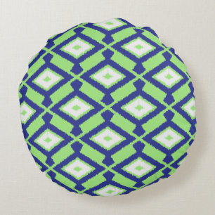 Navajo Ikat Pattern - Green, Indigo Blue and White Round Pillow