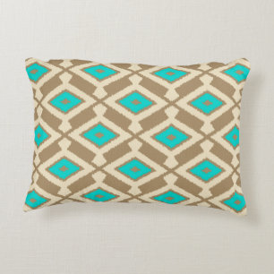 Navajo Ikat Pattern - Turquoise, Taupe and Beige Accent Pillow