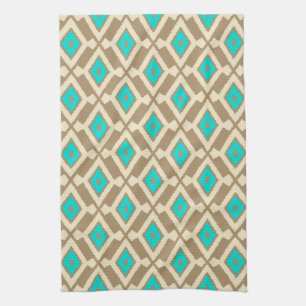 Navajo Ikat Pattern - Turquoise, Taupe and Beige Kitchen Towel