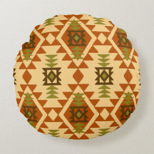 Navajo style ethnic tribal geometric seamless Vint Round Pillow