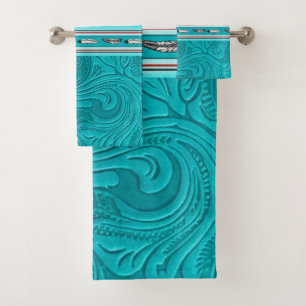 Navajo Tribal Turquoise Faux Leather Tool Bath Towel Set