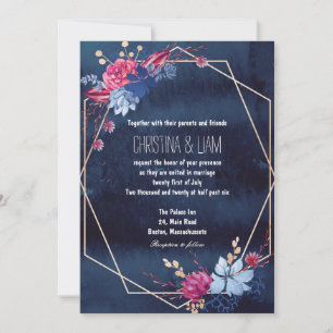 Nave Blue Chalkboard Floral Wedding Invitation