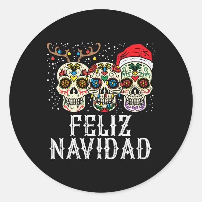Navidad Sugar Skulls Reindeer Santa Mexican Christ Classic Round Sticker (Front)