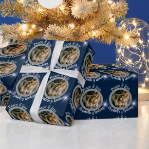 Navidades Photo Round Silver y Stars Blue Wrapping Paper