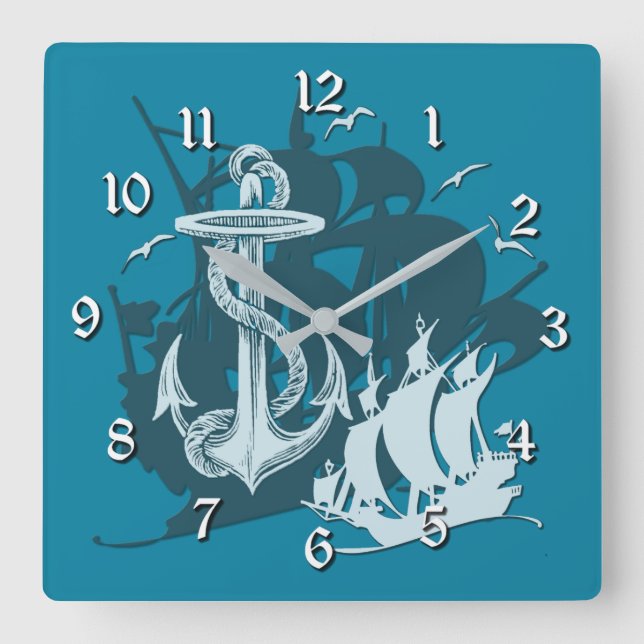 Navire pirate & Ancre Blanc Silhouette Horloge mur (Recto)