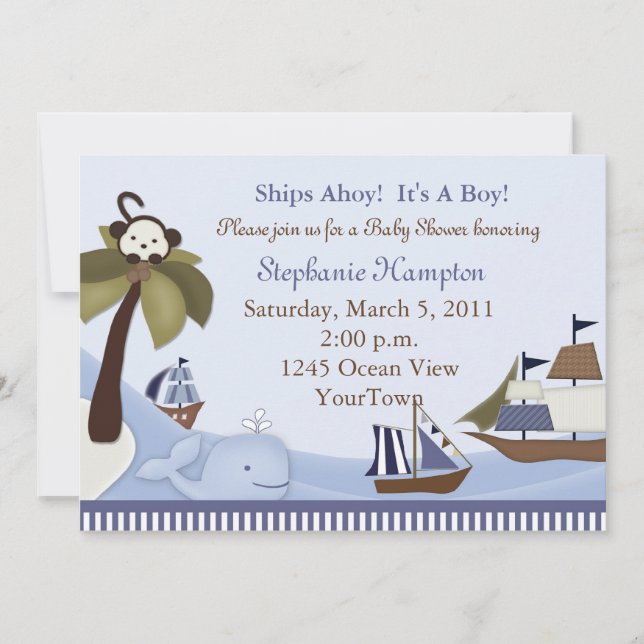 Navires Ahoy Baby Boy Shower Invitation (Devant)