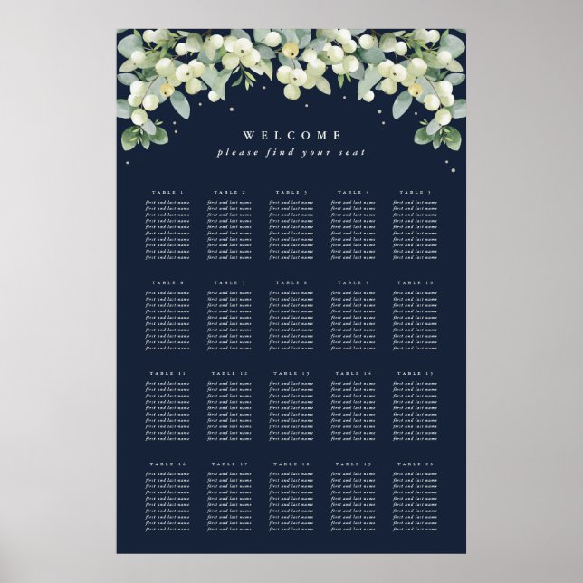 Navy 24x36" 20 Tables of 10 Seating Chart Poster (Front)