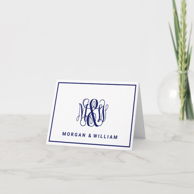 Navy 3 Initial Vine Script Monogram B&G DIY BG Note Card (Front)