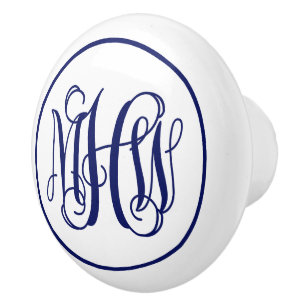 Navy 3 Initial Vine Script Monogram DIY BG Ceramic Knob