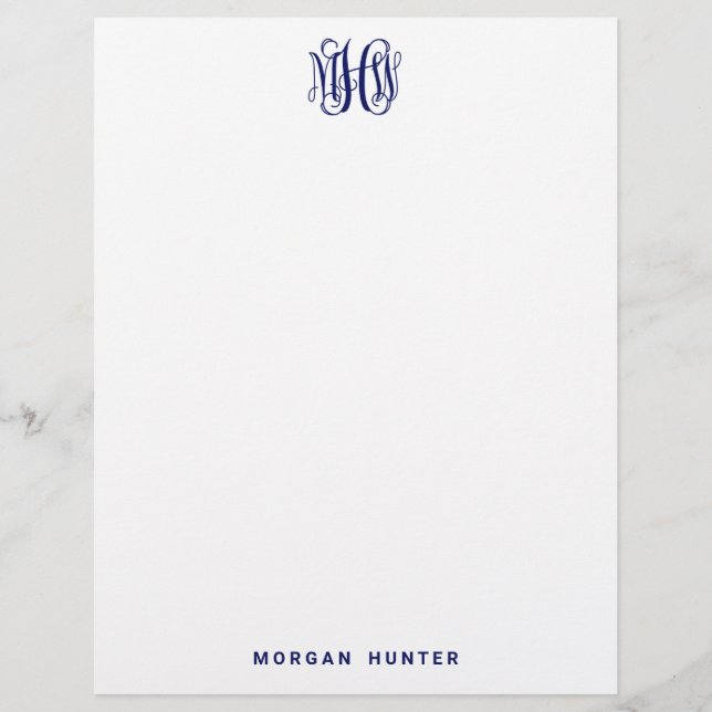Navy 3 Initial Vine Script Monogram DIY BG Letterhead (Front)