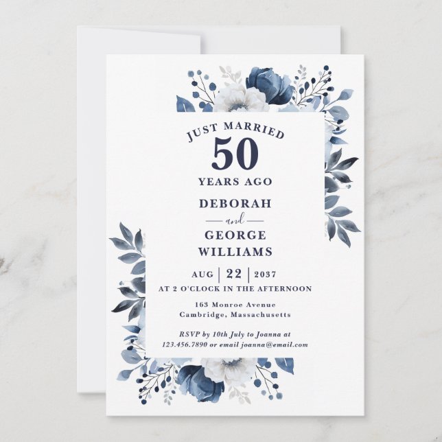 Navy 50th Wedding Anniversary Monogram Floral  Invitation (Front)