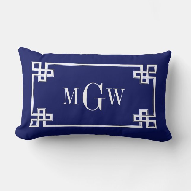 Navy 5c Blue Wht Greek Key #3 Framed Monogram Lumbar Pillow (Front)