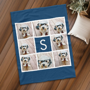 Navy 8 Photo Collage Custom Monogram Fleece Blanket
