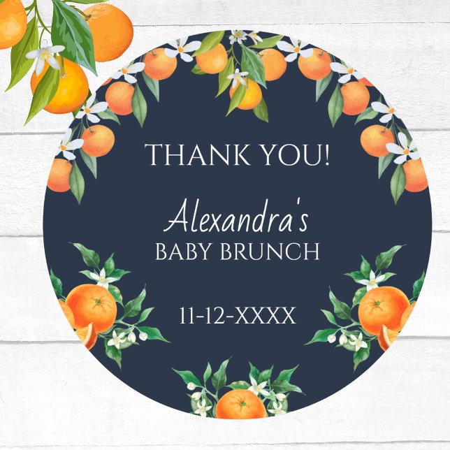 Navy A Little Cutie Citrus Baby Brunch Thank You Classic Round Sticker (Creator Uploaded)