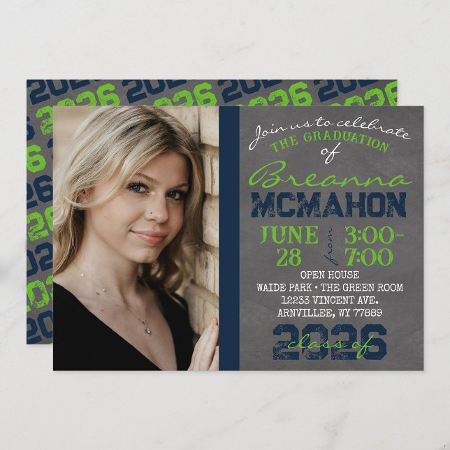 Navy & Action Green Chalkboard Graduation Invitation (Repeating Class Year Chalkboard Graduation Photo Invitations)