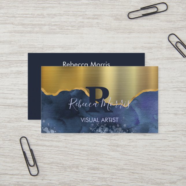 Navy Agate Brushed Gold Metal Business Card (Front/Back In Situ)