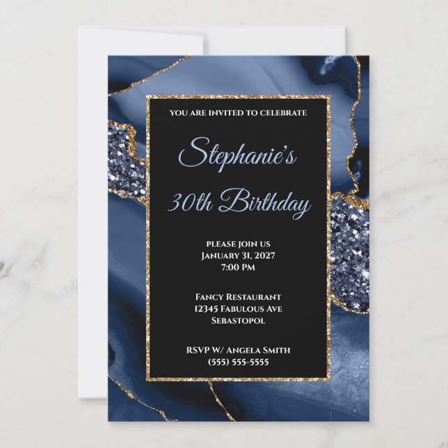 Navy Agate Gold Glitter Glam 30th Birthday Invitation (Front)