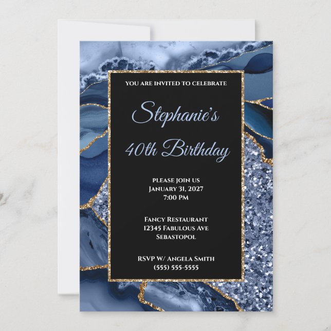 Navy Agate Gold Glitter Glam 40th Birthday Invitation (Front)