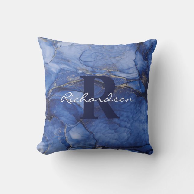 Navy Agate Monogram and Name Marble Luxury  Throw Pillow (Front)