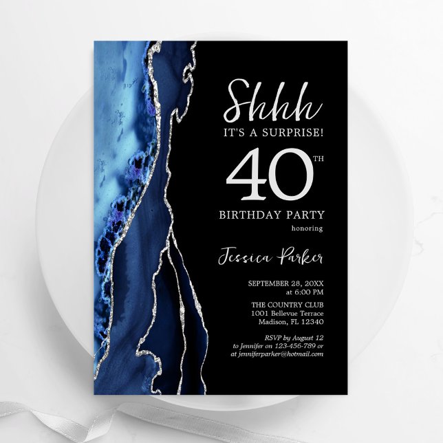 Navy Agate Silver Black Surprise 40th Birthday Invitation (Creator Uploaded)