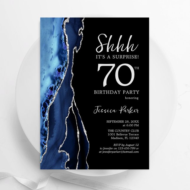 Navy Agate Silver Black Surprise 70th Birthday Invitation (Creator Uploaded)