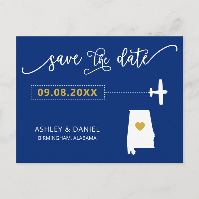 Navy Alabama Wedding Save the Date Map Postcard (Front)