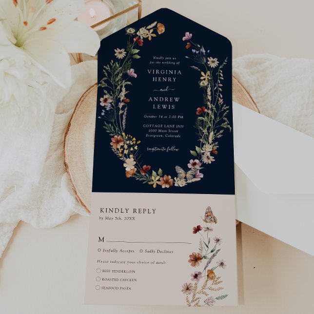 Navy All in One Wedding Invite (Navy Blue Floral All in One Wedding Invite by Painted Paperie
)