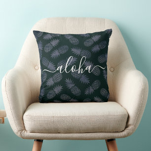 Navy Aloha Script Pineapple Pattern Tropical Bold Throw Pillow