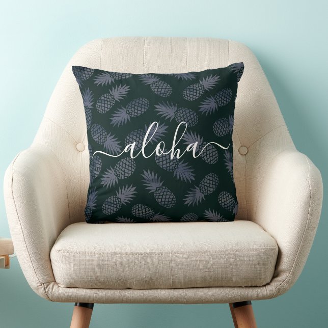 Navy Aloha Script Pineapple Pattern Tropical Bold Throw Pillow (Creator Uploaded)