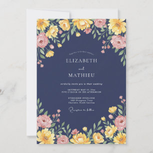 Navy Amber Floral Romantic Wedding Invitation