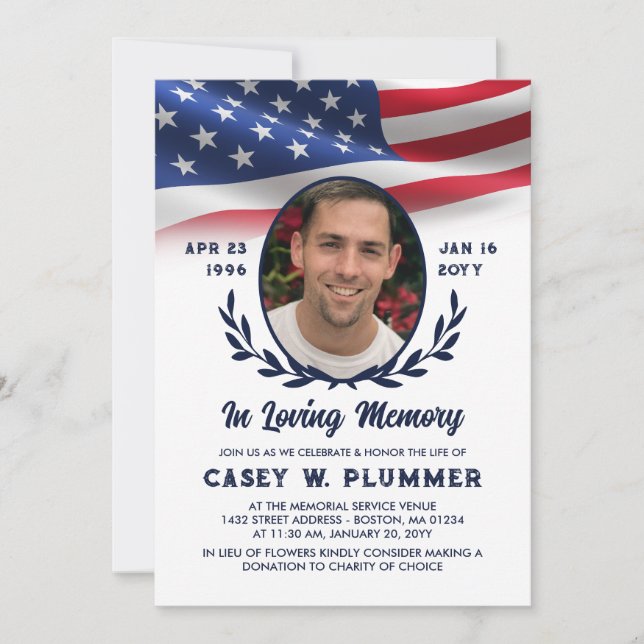 Navy American Flag Oval Photo Life Celebration Invitation (Front)