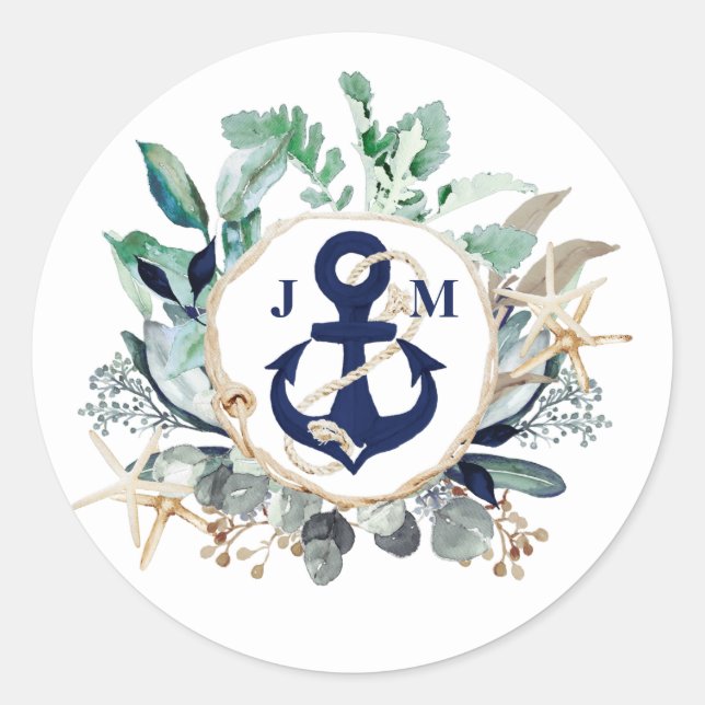 Navy Anchor Monogram Greenery Wreath Wedding Classic Round Sticker (Front)