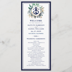 Navy Anchor Monogram Greenery Wreath Wedding Program