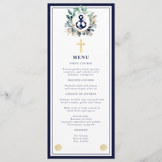 Navy Anchor Nautical Greenery Wreath Cross Baptism Menu (Front)