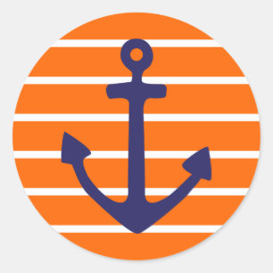 Navy Anchor on Orange Stripe Classic Round Sticker