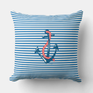 Navy Anchor, red Rope and blue Stripes Throw Pillow