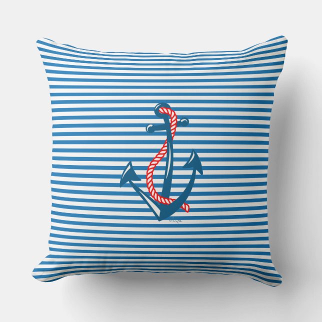 Navy Anchor, red Rope and blue Stripes Throw Pillow (Front)