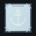 Navy Anchor & Rope Nautical Add Your Name Notepad<br><div class="desc">Nautical notepad in shades of blue with navy blue border, white rope details, a pale anchor, and your name. Jot down notes and things to remember in this anchor themed notepad with nautical colours and personalized with your name. A notepad for the captain in your life with rope, an anchor...</div>