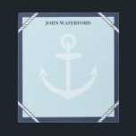 Navy Anchor & Rope Nautical Add Your Name Notepad<br><div class="desc">Nautical notepad in shades of blue with navy blue border, white rope details, a pale anchor, and your name. Jot down notes and things to remember in this anchor themed notepad with nautical colours and personalized with your name. A notepad for the captain in your life with rope, an anchor...</div>