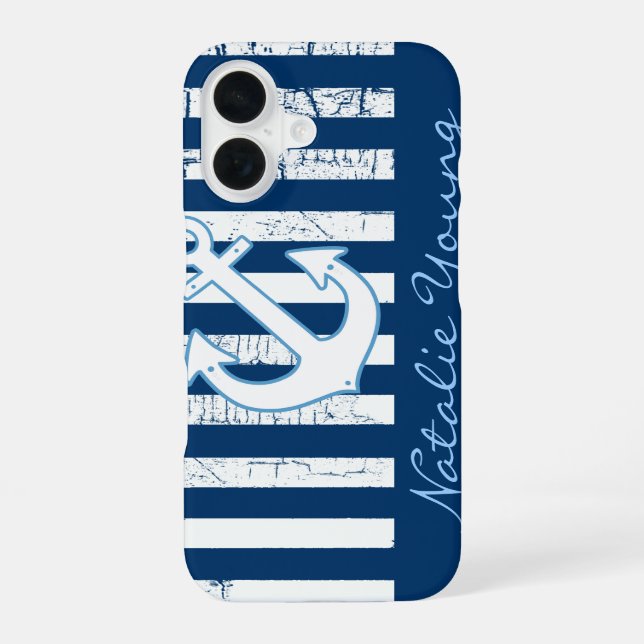 Navy Anchor & Stripes personalized iPhone 16 Case (Back)