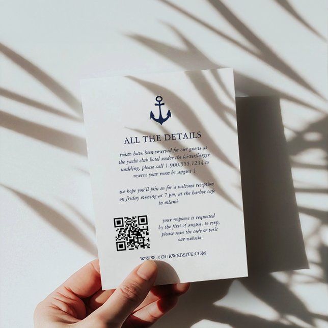 Navy Anchor Yacht Nautical WEDDING QR Code details Enclosure Card (Creator Uploaded)