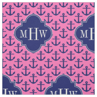 Navy Anchors Hot Pink BG, Navy 3 Initial Monogram Fabric